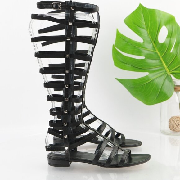 Stuart Weitzman Womens Gladiator Sandal Size 6.5 Tall Black Leather Strappy Shoe - Picture 4 of 14